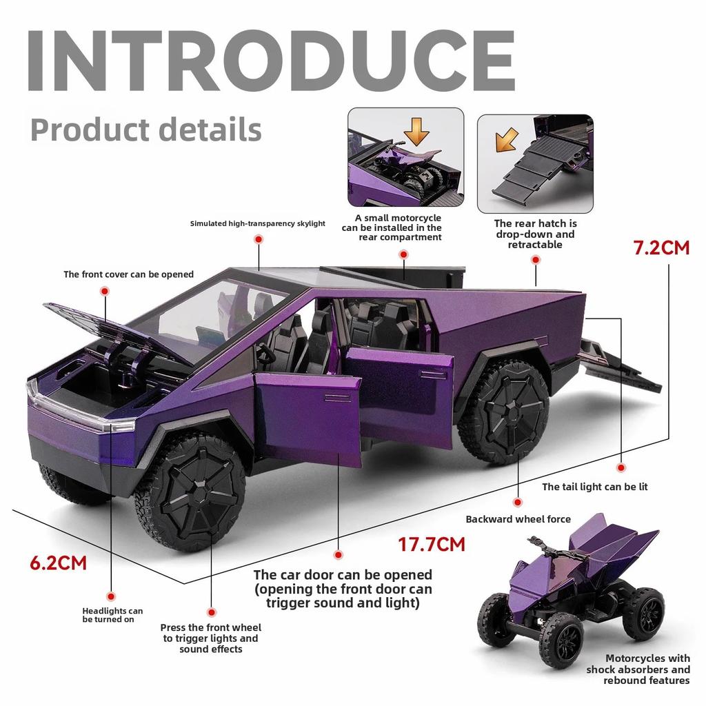 1:32 Cybertruck Alloy Die-Cast Model Car with Pull-Back Action, Sound and Light Effects - Simulation Toy for Boys