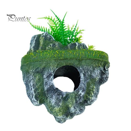 Floating Artificial Mountain Rock Aquarium Decoration, Realistic Moss Ornament with Covered Stone Decor Cave, Fish Tank Hideout Shelter for
