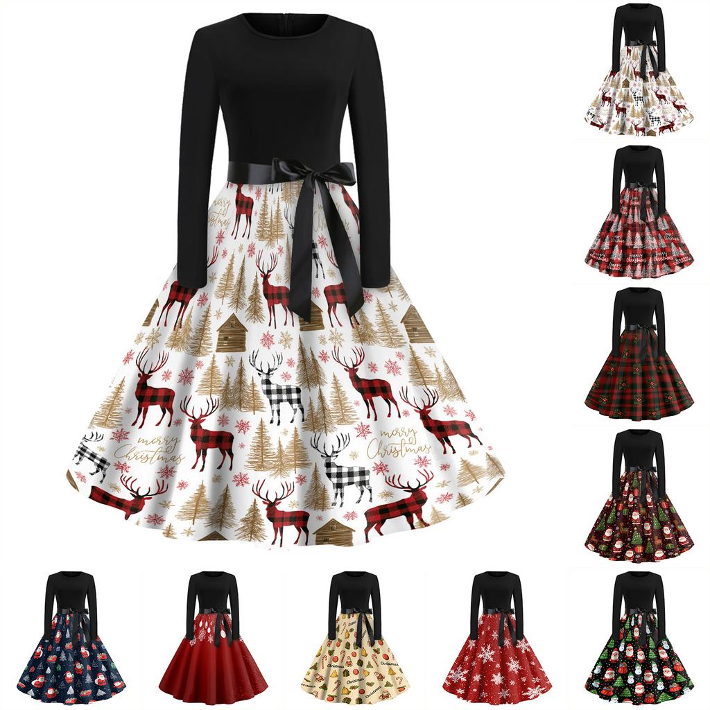 Women's Vintage V-Neck Christmas Print Casual Dress for Holiday Party