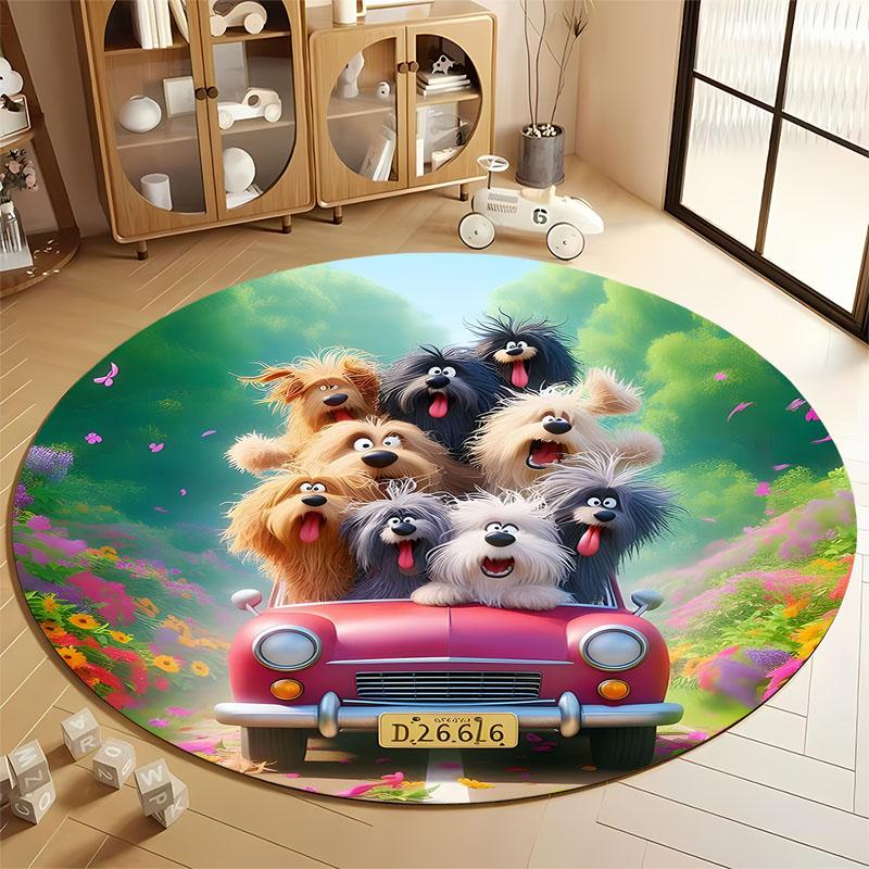 

Joyful Dogs on Car Adventure Carpet round rug perfect for kids, ideal for children s rooms, round carpet for home sofa bedroom Diameter 60cm