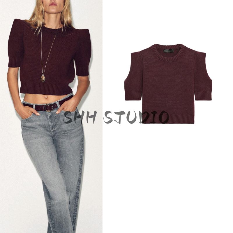 Autumn New Women's Clothing French Style Design Loose Rib round Neck Short Sleeve Knitwear 6427119