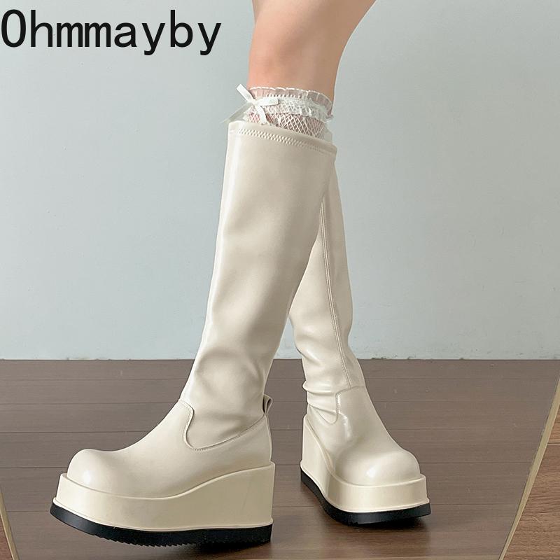 Winter Platform Wedges Heel Women Knee High Boots Fashion Back Zippers Shoes Cosy Soft Leather Long Booties