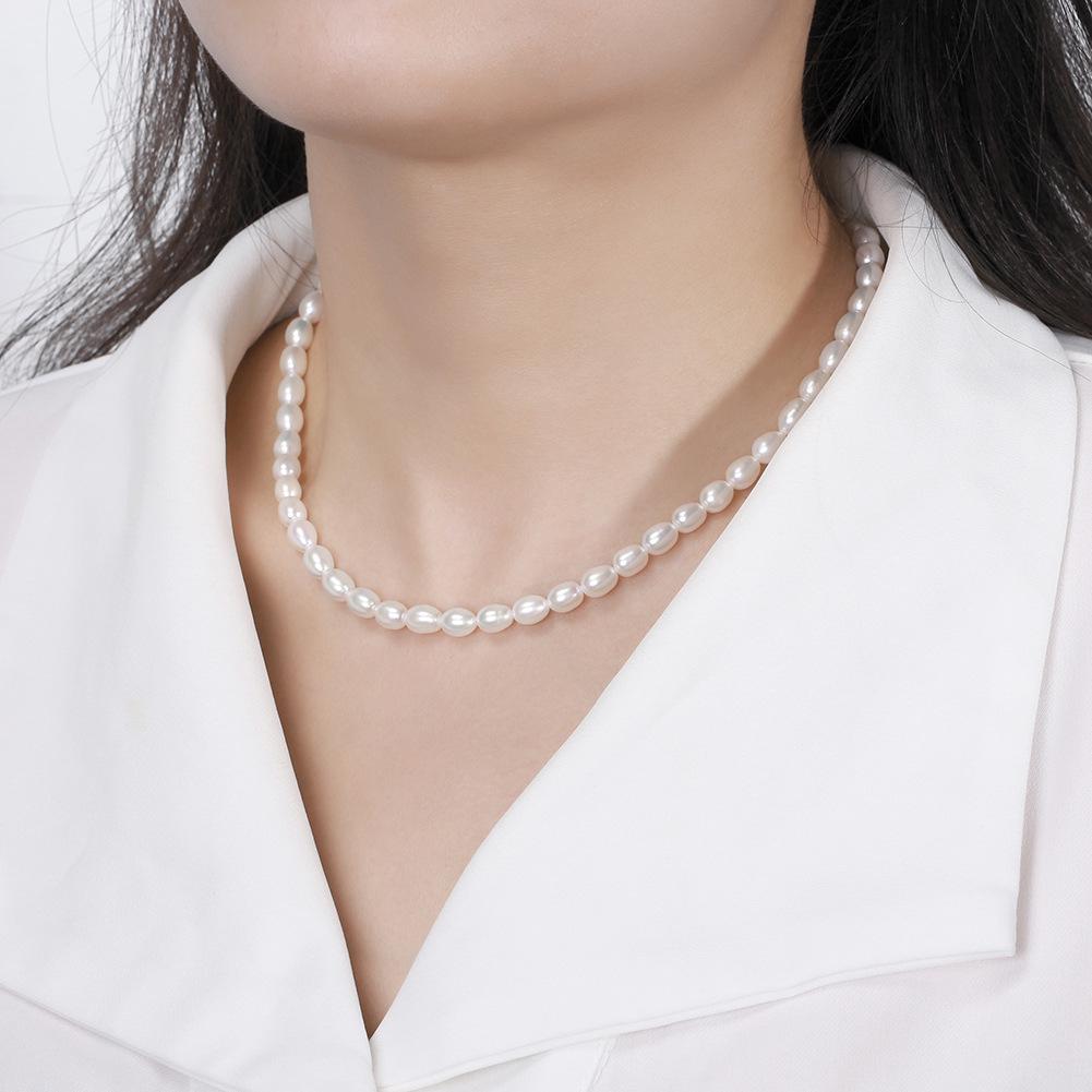 Elegantly Crafted Baroque Freshwater Rice Pearl Necklace for Women - 925 Sterling Silver Clavicle Chain