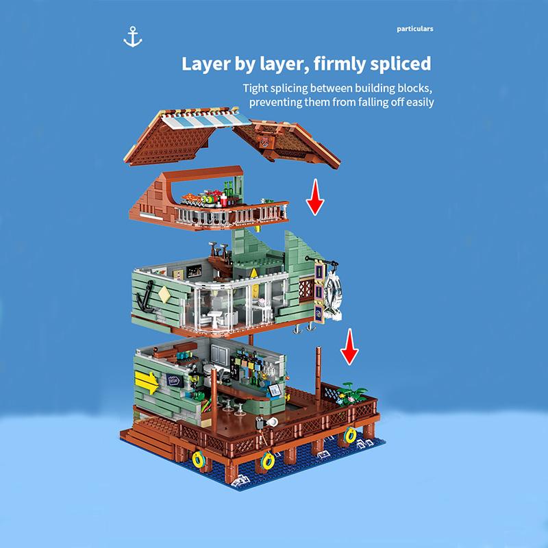 2096PCS Harbor Restaurant Building Blocks Seaside Street View House Construction MOC Bricks Toys Детские рождественские подарки без коробки
