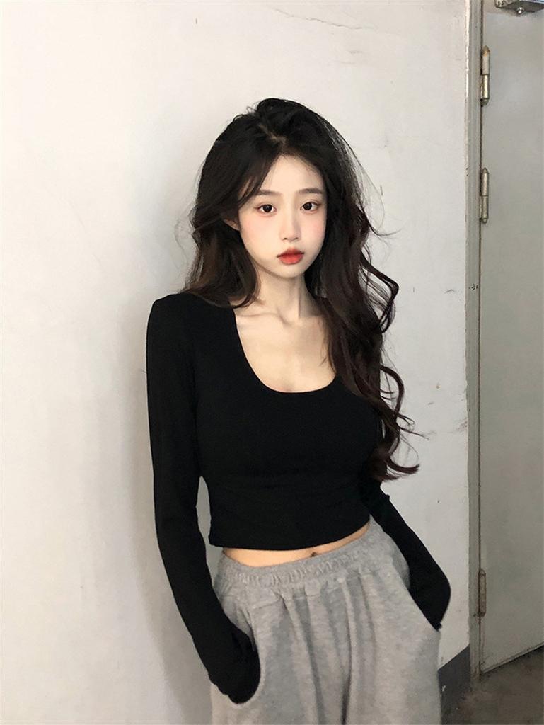 White cotton round neck long-sleeved t-shirt women's 2025 new early autumn chic top slim-fitting inner bottoming shirt