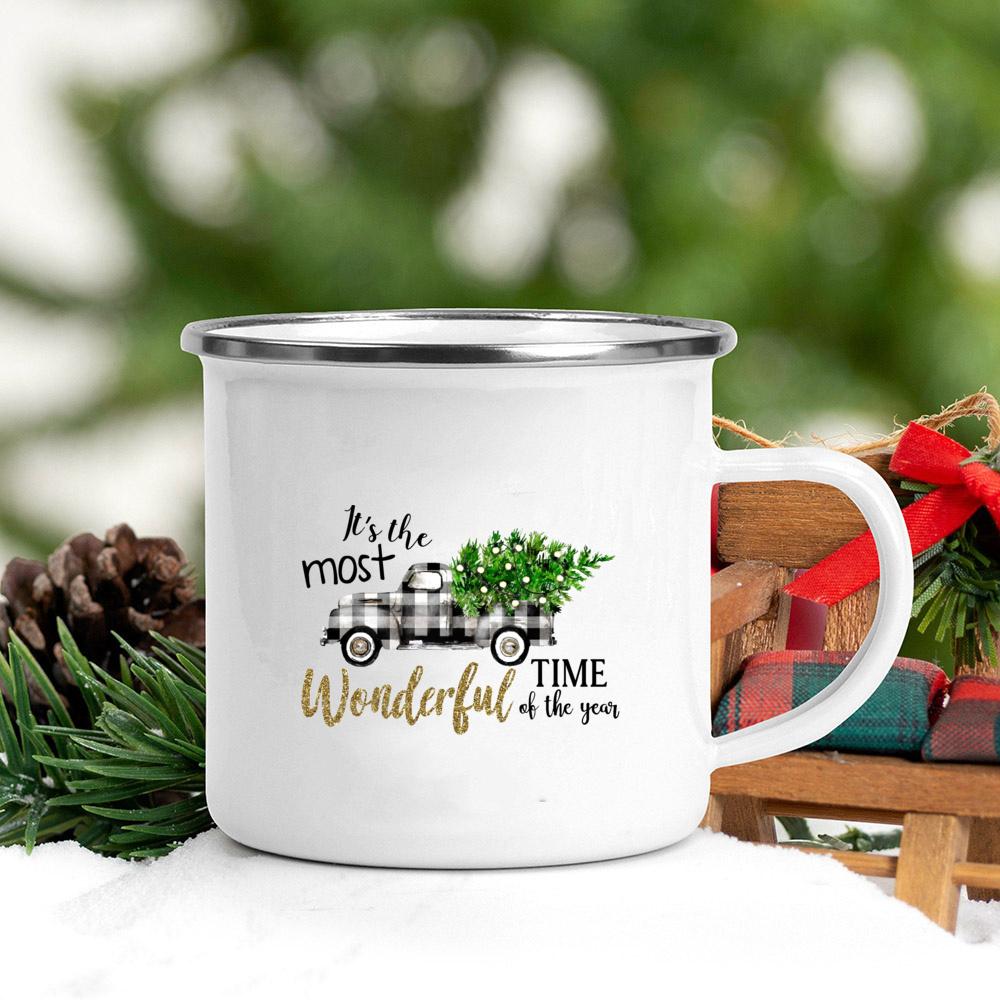Christmas Tree Deer Truck Print Enamel Mugs Coffee Cups Christmas Party Dessert Hot Cocoa Chocolate Cup Gifts for Friends Family