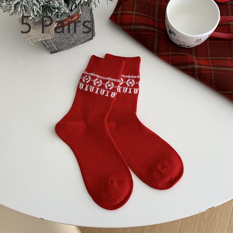 5 Pairs of Female Autumn and Winter Animal Red Mid Tube Stocking