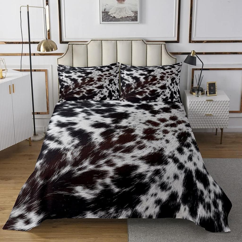 Cowhide Coverlet Set Farm Animal Fur Bedspread Queen/Full for Boy Girl Bedroom 2/3 Pcs Western Rustic Cowboy Farmhouse Quilt Set