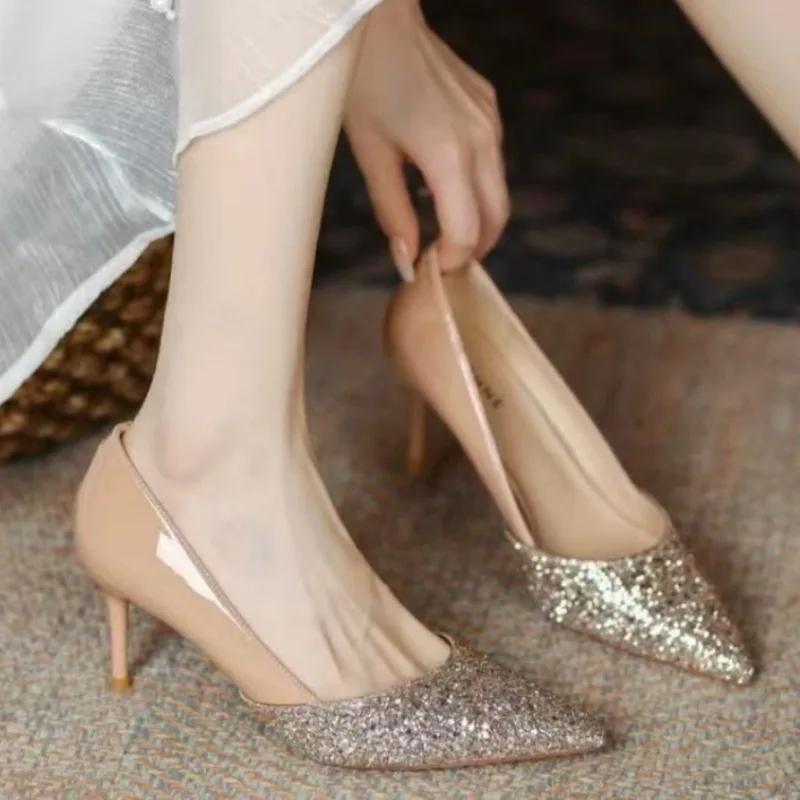 Fashion Women's Thin Heel Shoes Fall New Pointy Head Shallow Mouth Sequin A Slip-on Temperament High Heels  Pumps