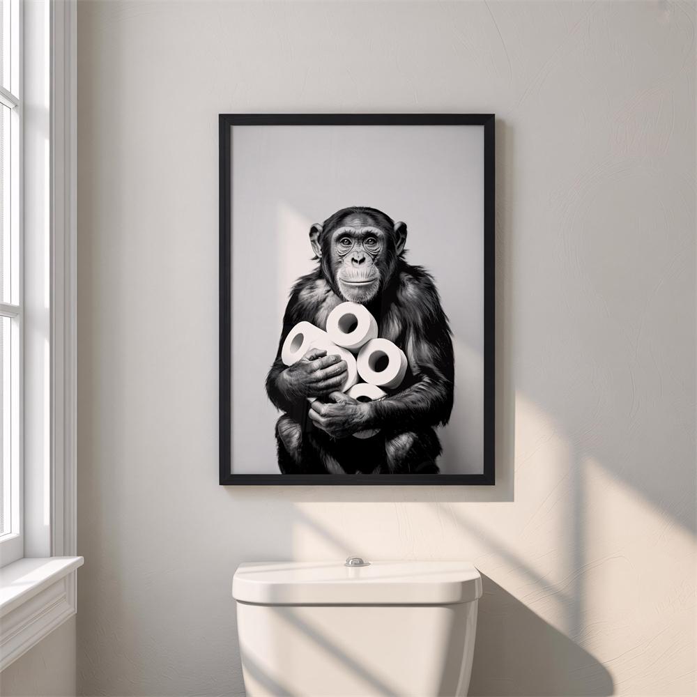 Lustiger Waschbär Wandkunst Druck Schwarz-Weiß Tier Dekor für Badezimmer Humor Dekor Für Toilette Lustiger Affe Badezimmer Poster