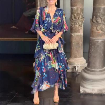 Women Dress Multi-layered Hem Lace-up Slim Waist Colorful Printing Maxi Dress Mid Sleeve V Neck Vacation Party Dress