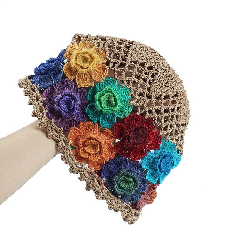 Women's Handmade Knitted Flower Turban Single Layer Hollow Mesh Gradient Color Elegant Artistic Ethnic Style Hollow Hat