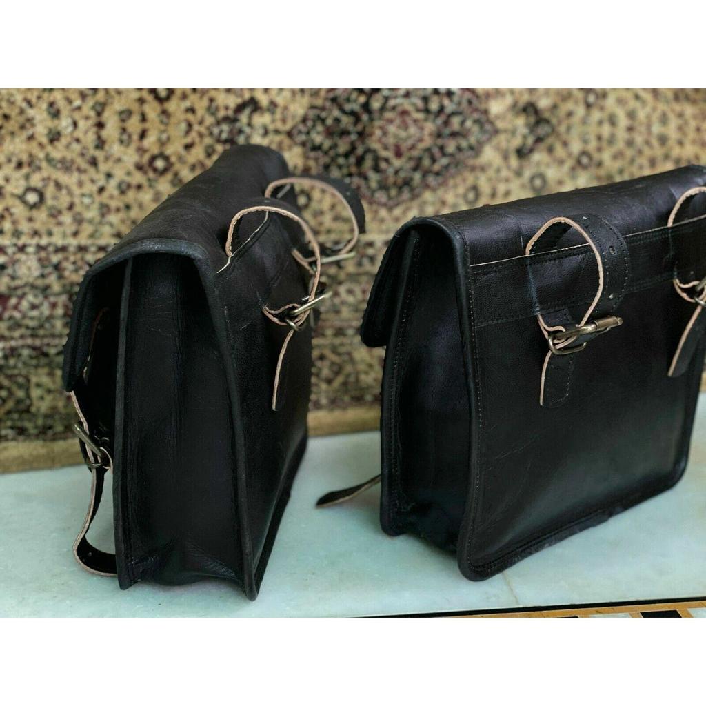 Vintage Leather Both Side Panniers (2 Black Pouch) Large Motorcycle Bags 2 Side