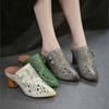 Johnature Genuine Leather Retro Ethnic Style High Heels Pointed Toe Slippers Versatile Women's Shoes