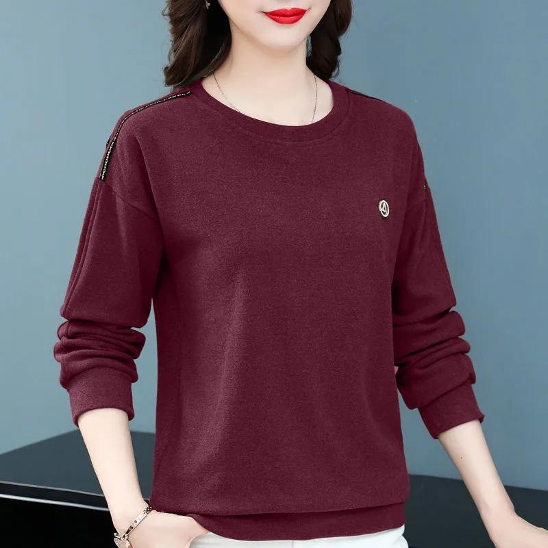 Dámské bavlněné tričko s dlouhým rukávem, volné topy, strečové, nadměrné velikosti, kulatý výstřih