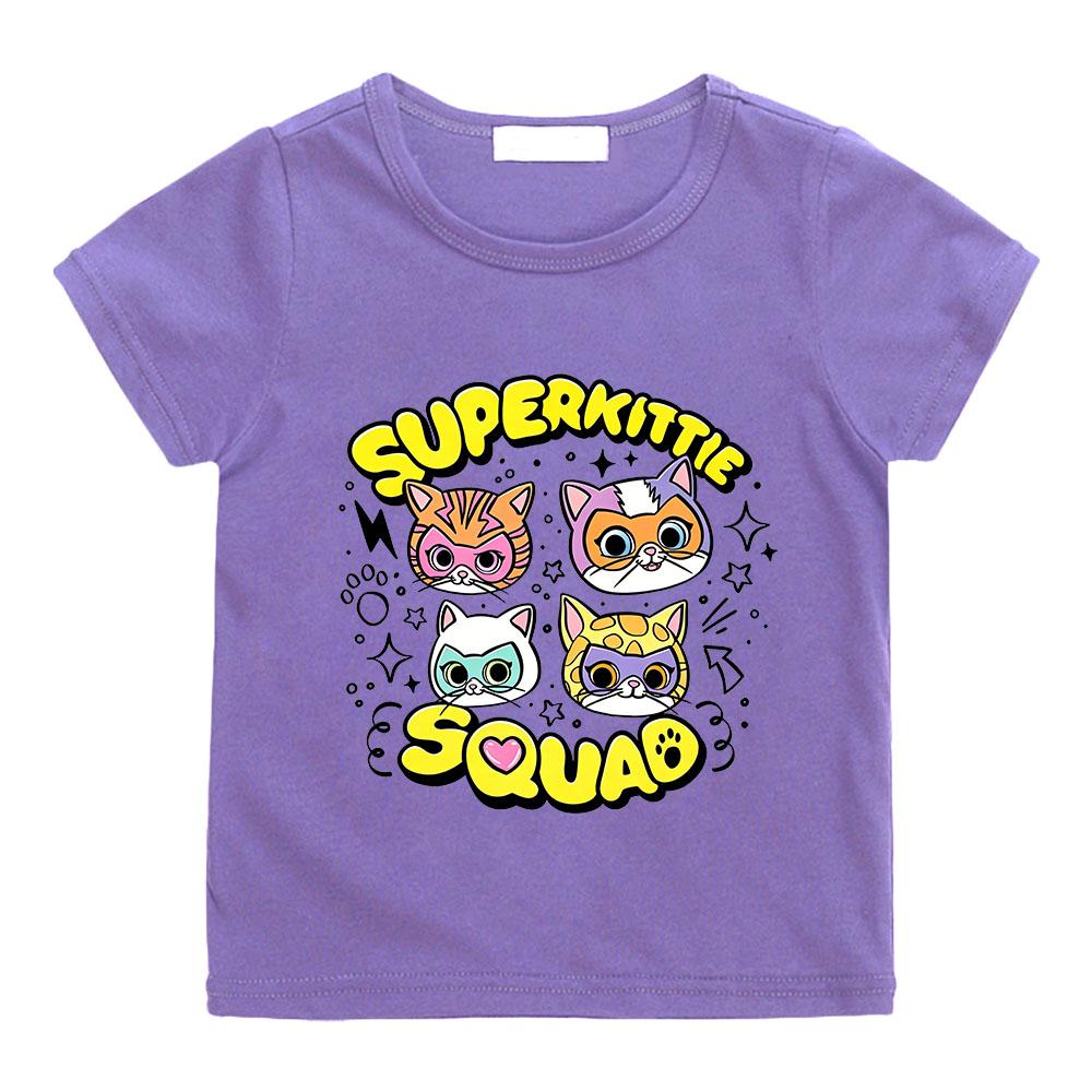 Children's Cotton T-shirts SuperKitties Cartoon Print Kids Short Sleeve Cute Boys Girls 2-12Y Tees Casual Crew Neck Tops Summer