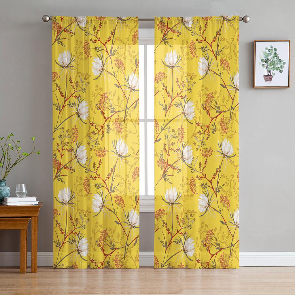 Snow Lotus Branches Leaves Flower Plant Sheer Curtains for Living Room Tulle for Windows Voile Yarn Short Bedroom Curtains