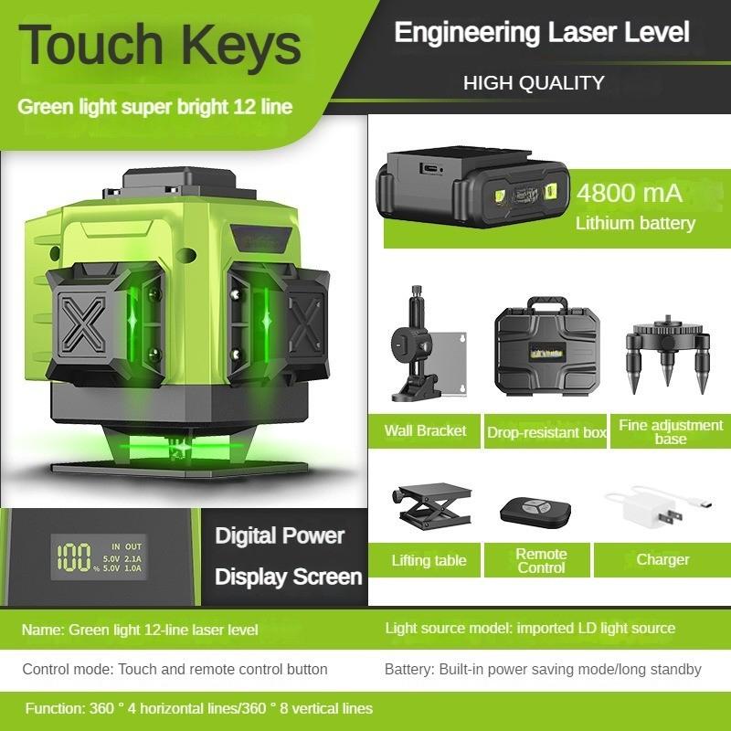 4D 12/16 Line Green Light Laser Level  Automatic Self Leveling Laser Projector 360° Horizontal Vertical Cross Measure Tool