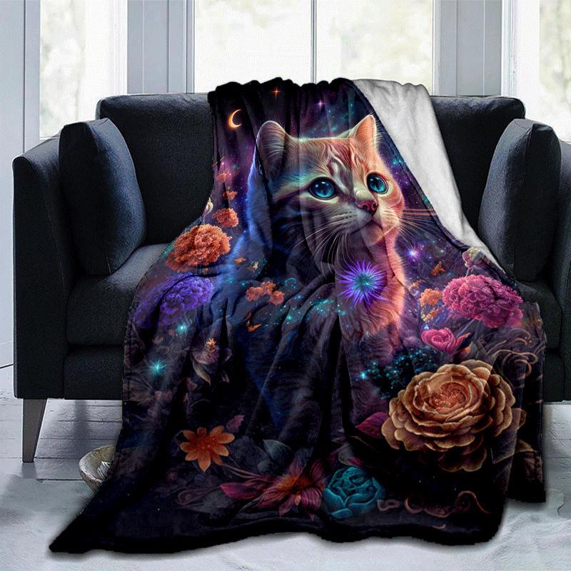 

1pc Flower Cat Printing Lightweight Flannel Blanket, Comfortable and Warm Blanket, for Camping Sofa Bed and Couch Office, Suitable for Gift B 100x150cm
