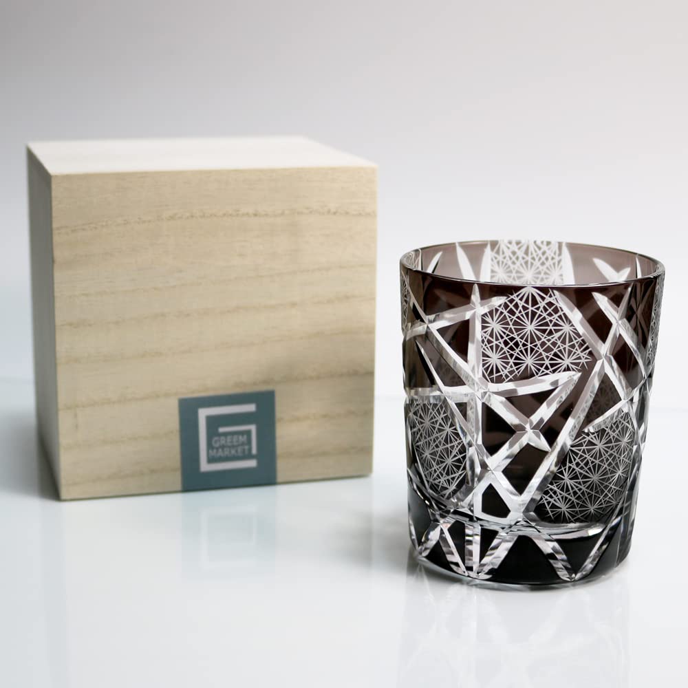 GREEM MARKET Crafts with wooden box Cut glass Gift Present Glasswork Kiriko glass Chrysanthemum Tsunagi cup Shochu glass Rocks glass Product GMS02511