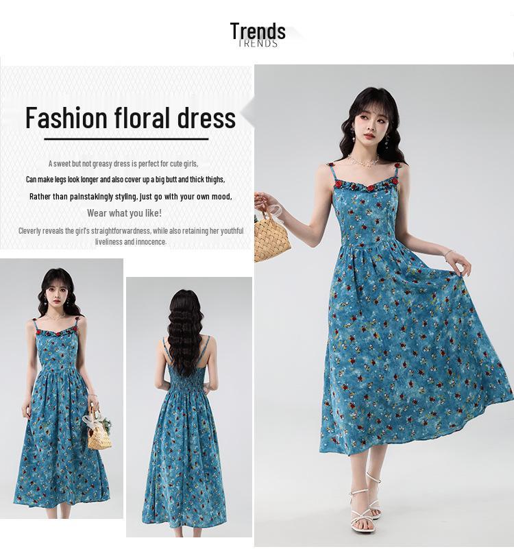 Women's Blue Floral French Style Slimming Summer Dress with Waist-Cinching Design