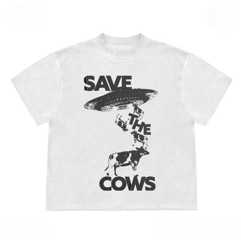 Save The Cows Graphic Unisex Cotton T-shirt Tee Casuai Short Sleeve Crewneck Top Fashion Streetwear Autumn Graphic T Shirts
