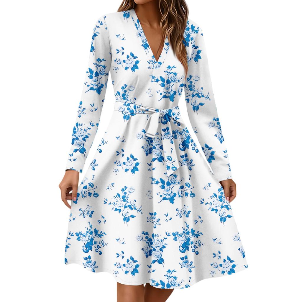 Dámské módní ležérní šaty midi s výstřihem do V, dlouhým rukávem, v pase a s květinovým potiskem