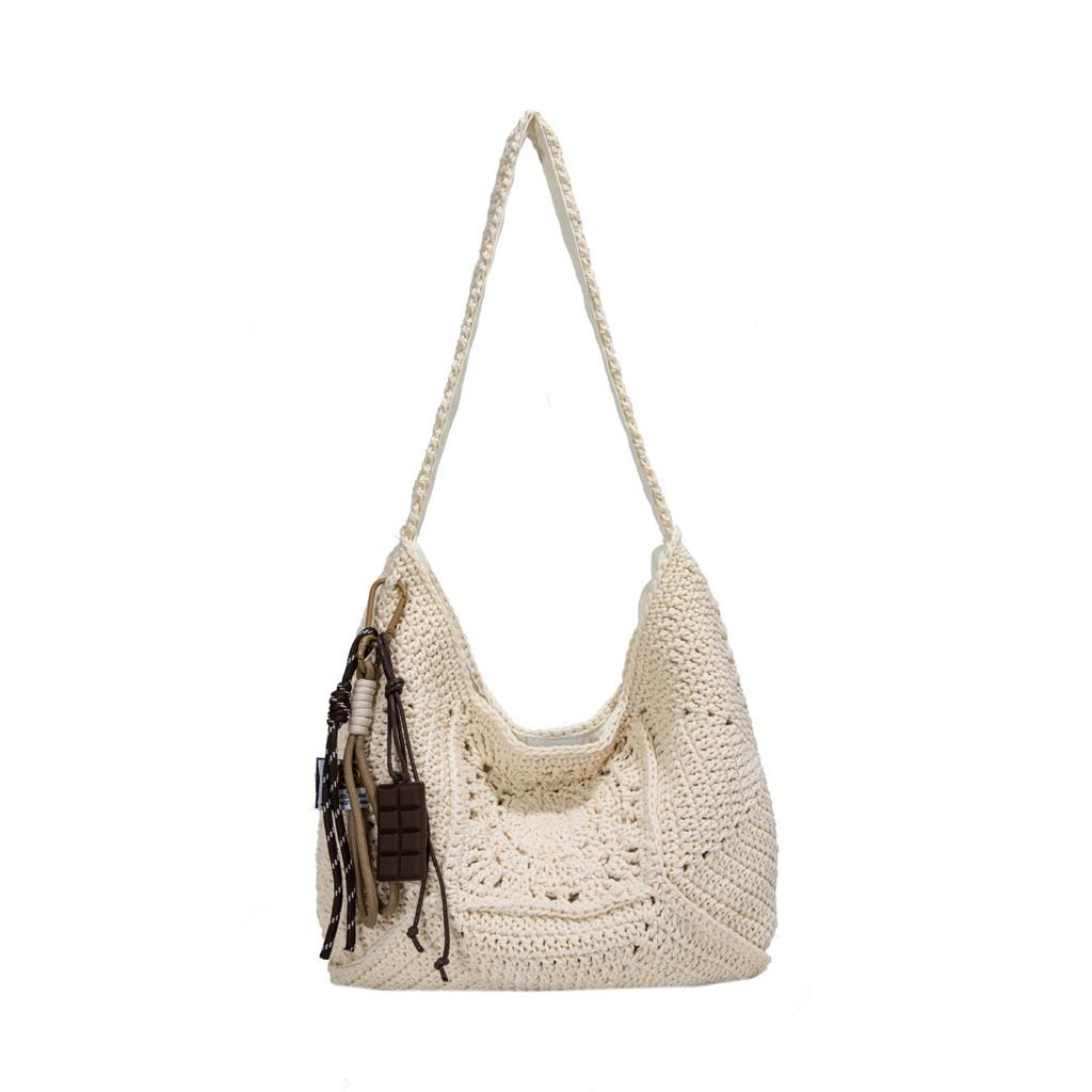 Cotton Rope Tote Bag With Hollow Splicing For Casual Day Use