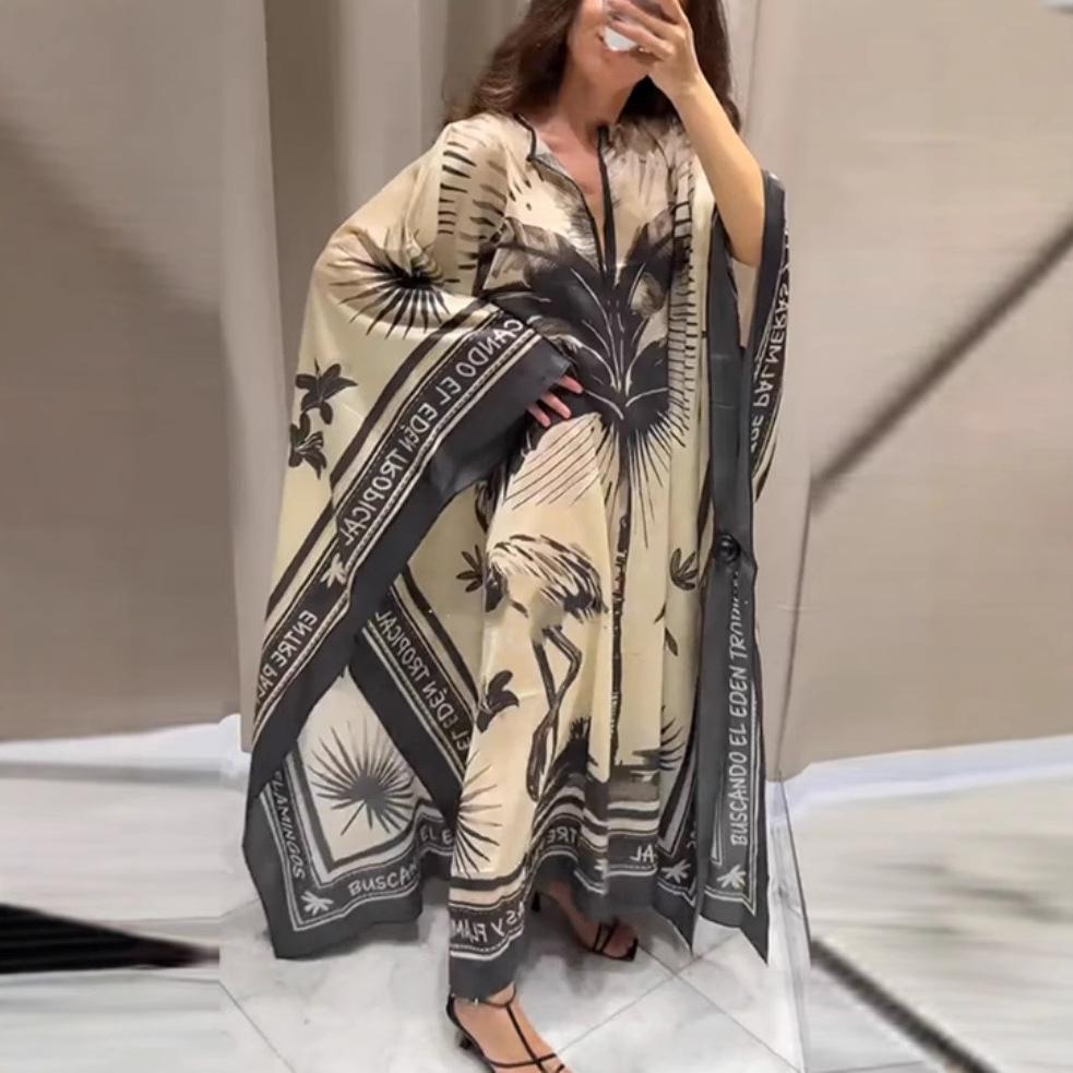 

Женское платье макси с длинным рукавом и принтом фламинго, с черной отделкой, в повседневном бохо-стиле S