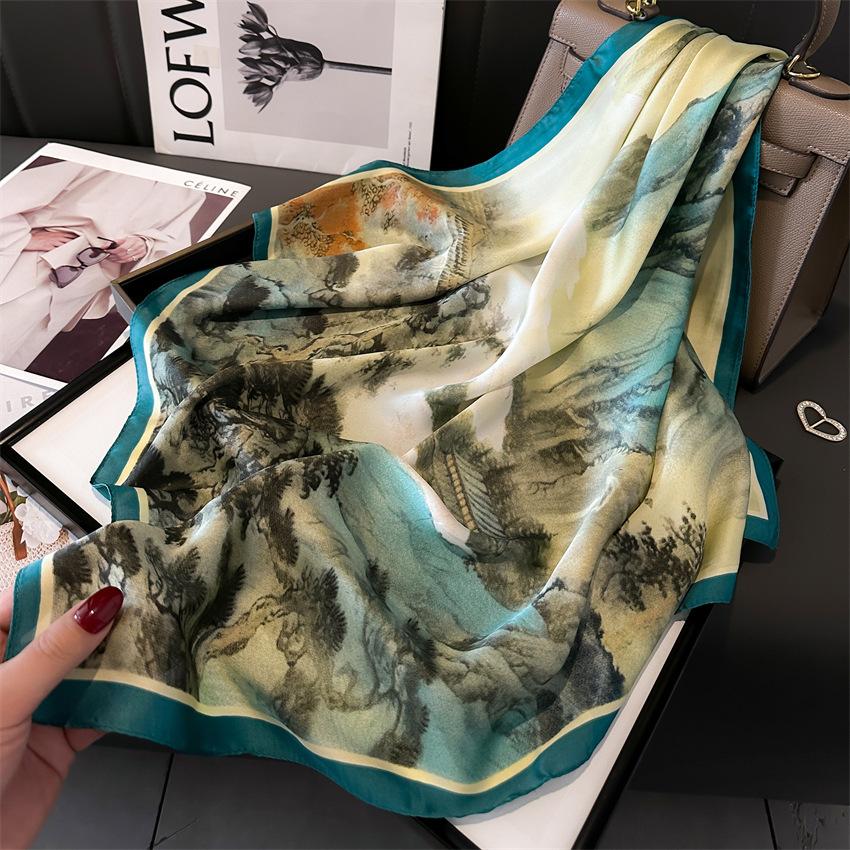 Guofeng Silk Scarf Landscape Ink Square Scarf 70Cm Simulated Silk Scarf Thousand Miles Of Rivers And Mountains Silk Scarf Women