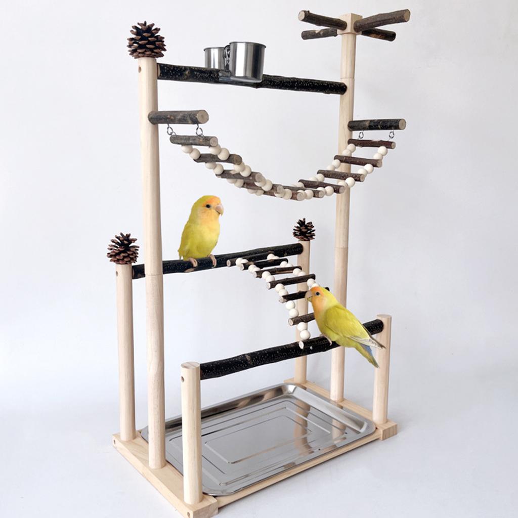 Sturdy Natural Wood Parrot Training Stand With Removable Tray Climbing Ladder Rotating Perch For Large Birds Exercise And Play