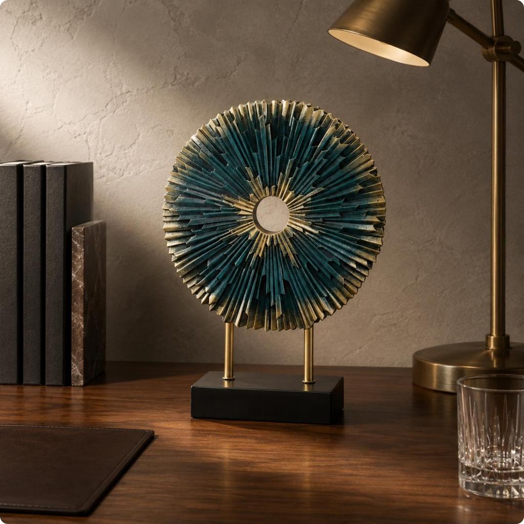 Abstract Desk Sculpture with Base Geometric Table Decor Metal Wall Disc Ornament Metallic-Finish House Decoration Modern Design