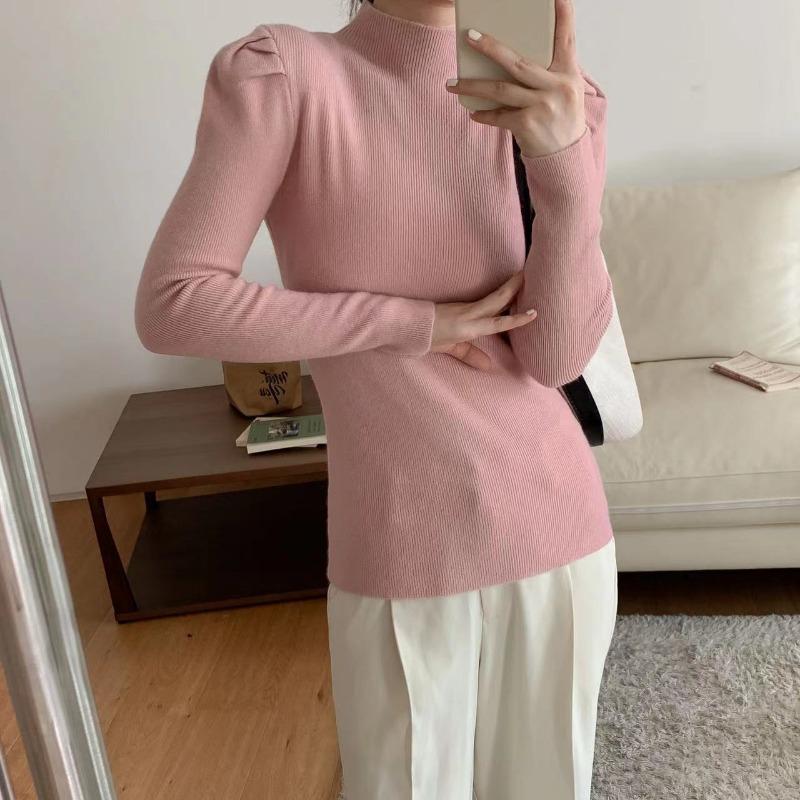 Semi-turtleneck sweater bottoming shirt for women with new autumn and winter design sense slim-fitting bubble long-sleeved knitted sweater for women