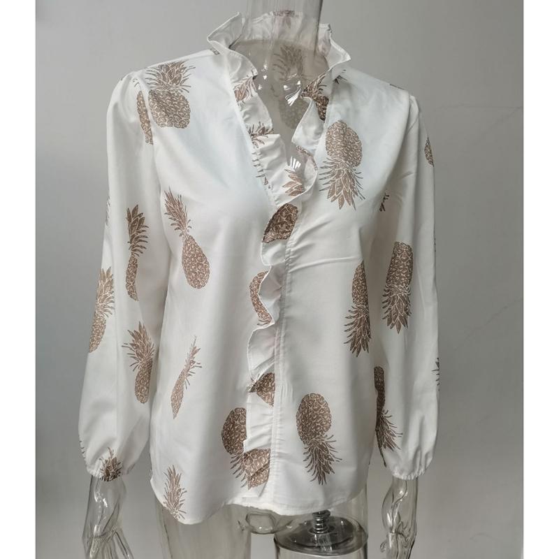 Sommer Herbst Neue Langarm Rüschen Casual Shirt Frauen Tops Vintage Print Elegante Plus Größe Bluse Frauen Mode Tasten Lose Weibliche Shirts 24662