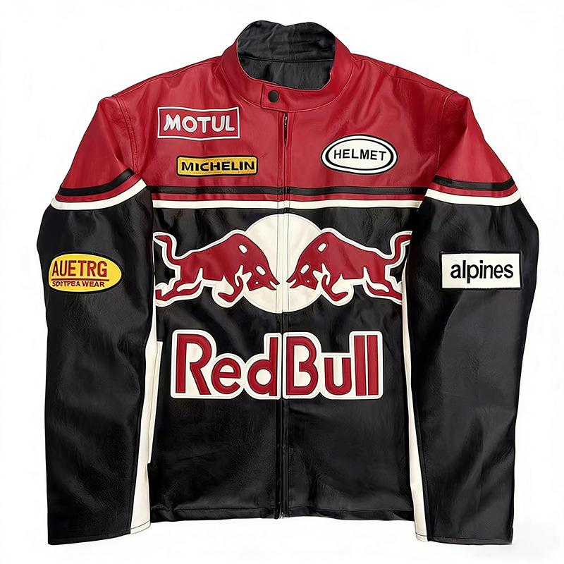 F1 Rennanzug Bestickte Lederjacke - Harley Retro Motorradstil, Baumwoll-Fahranzug, PU-Jacke