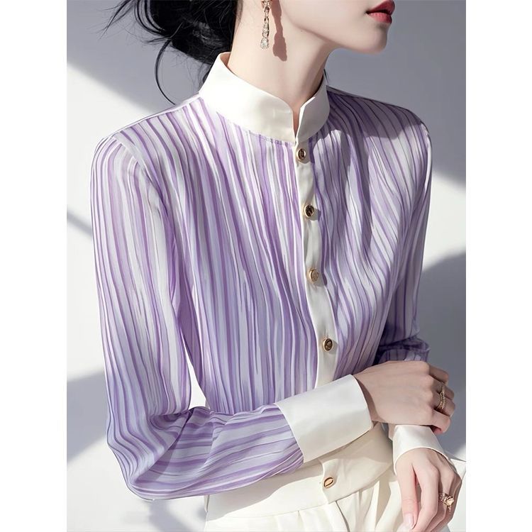 Women's Striped Shirt with French Standing Collar Women's Spring Shirt