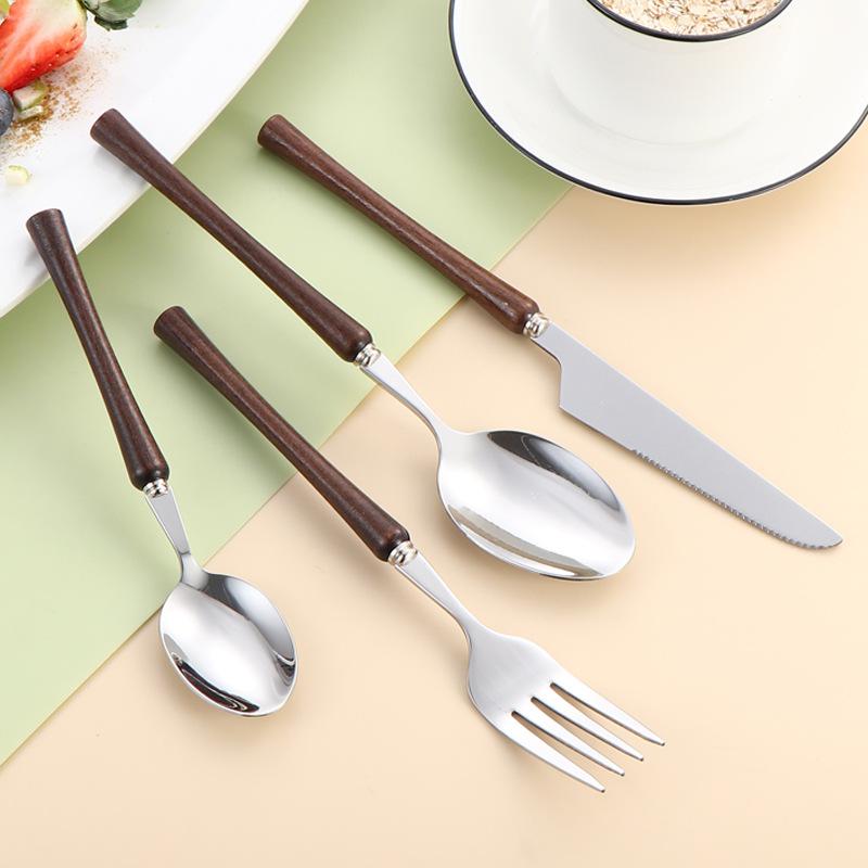 304 stainless steel wooden handle small waist bright chicken wing wood knife, fork and spoon western tableware steak knife and fork four-piece set