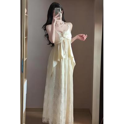Traje de estilo vacacional junto al mar, top de tirantes con empalme de encaje único y hermoso, falda de línea A, dos piezas de verano