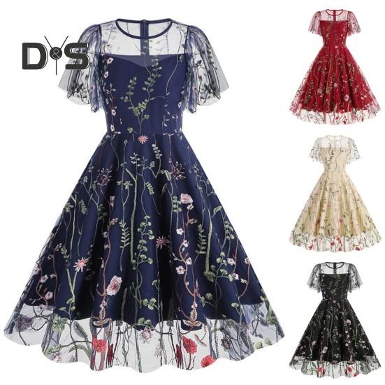 Women Evening Dress Double-layer Flower Embroidery Mesh A-line Big Swing Short Sleeves O Neck Back Zipper Closure Prom Party Midi Dress