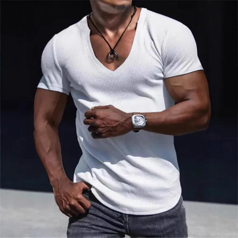 Ανδρικό Λευκό Βαφλέ T-shirt Βαθύ V Λαιμόκοψη Κοντό Μανίκι Καμπυλωτό Τελείωμα Στενή Εφαρμογή Casual Βασικό Τοπ