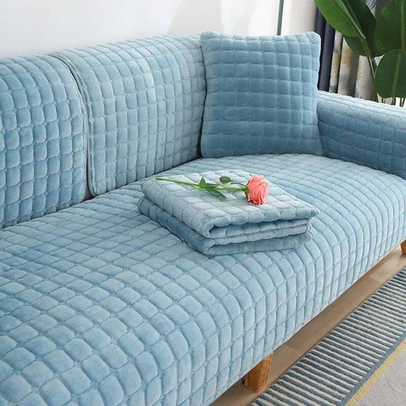 Velvet Sofa Cover Universal Plaid Plush Non-Slip Thickened Living Room Sofa Cover Warm Flannel Sofa Cushion Armrest Back Towel