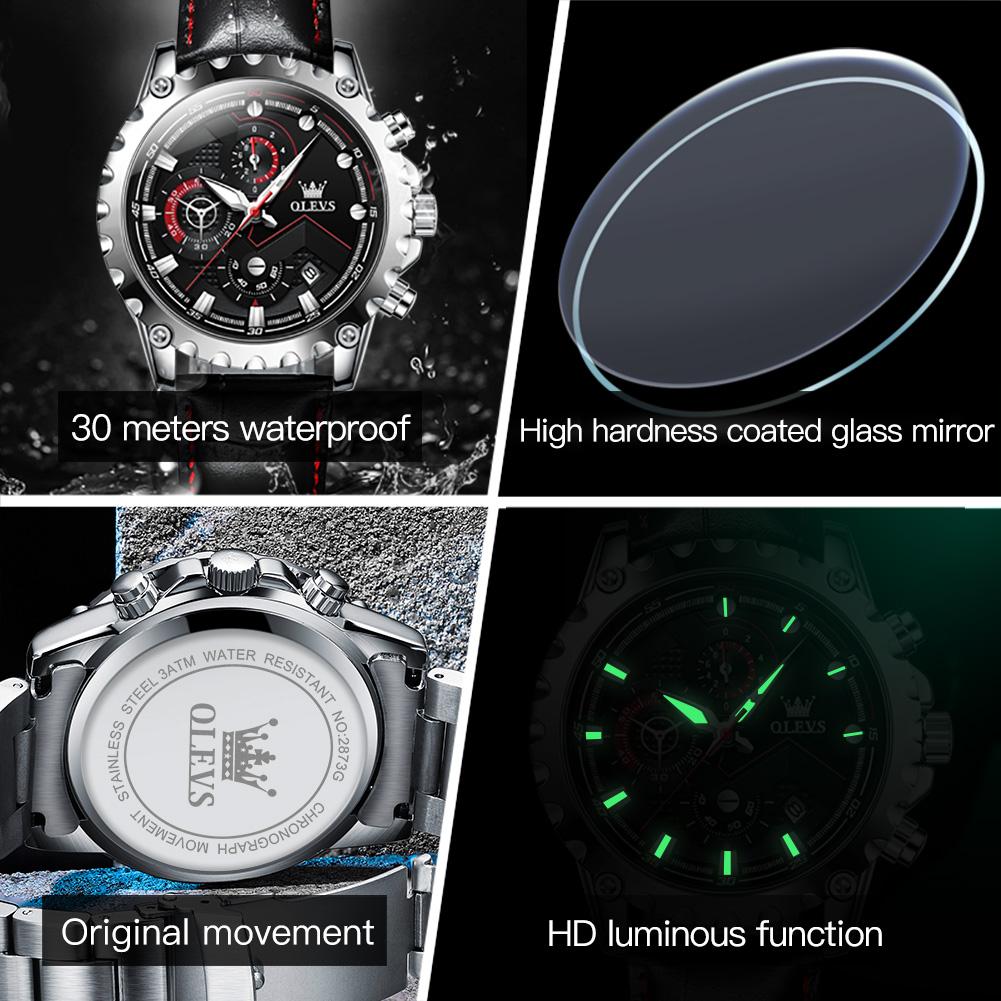 OLEVS Merkeklokke lysende stor urskive multifunksjons herreklokke herreklokke