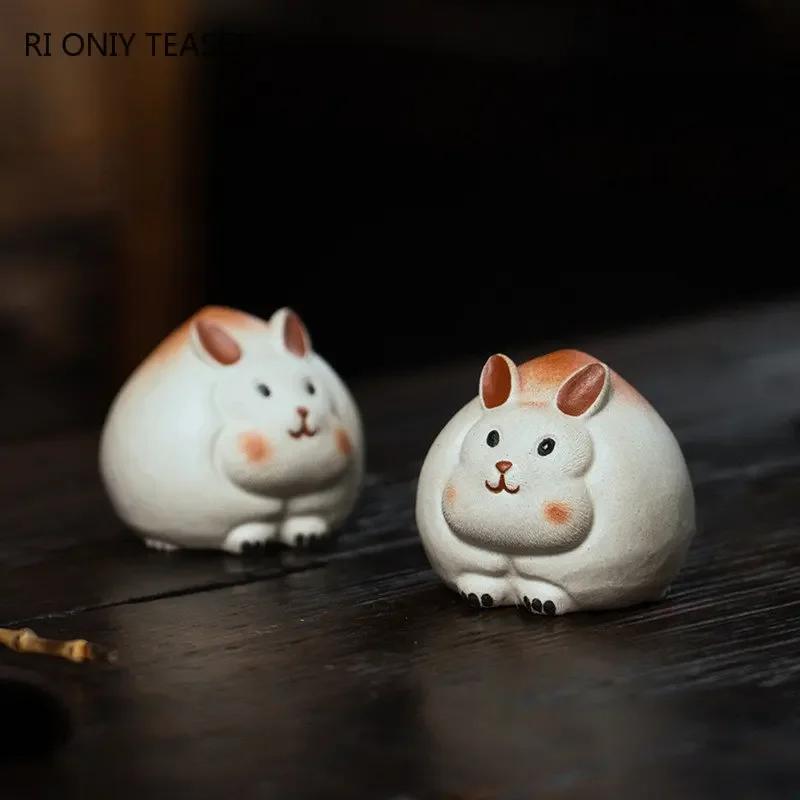Chinese Yixing Purple Clay Tea Pet Decor Lucky Rabbit Statue Peach Model Ornaments Handmade Tea Figurine Tea Set Decoration