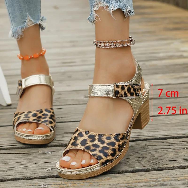 

Fashion New High Heel Sandals Light Leopard Print Thick Heel Sandals Women Summer Women Shoes Woman Ankle Strap Non Slip Beach Sandalias 43 золотой