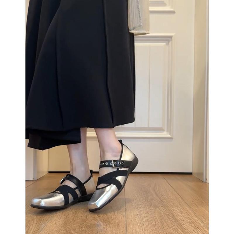 Sheepskin~ Silver retro leather shoes versatile cross-strap Mary Jane shoes women's flat-bottomed light-mouth single shoes