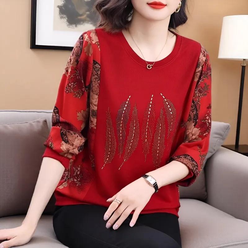 Women S Loose Fit Long Sleeve T Shirt For Middle Aged Mom Rhinestone Print