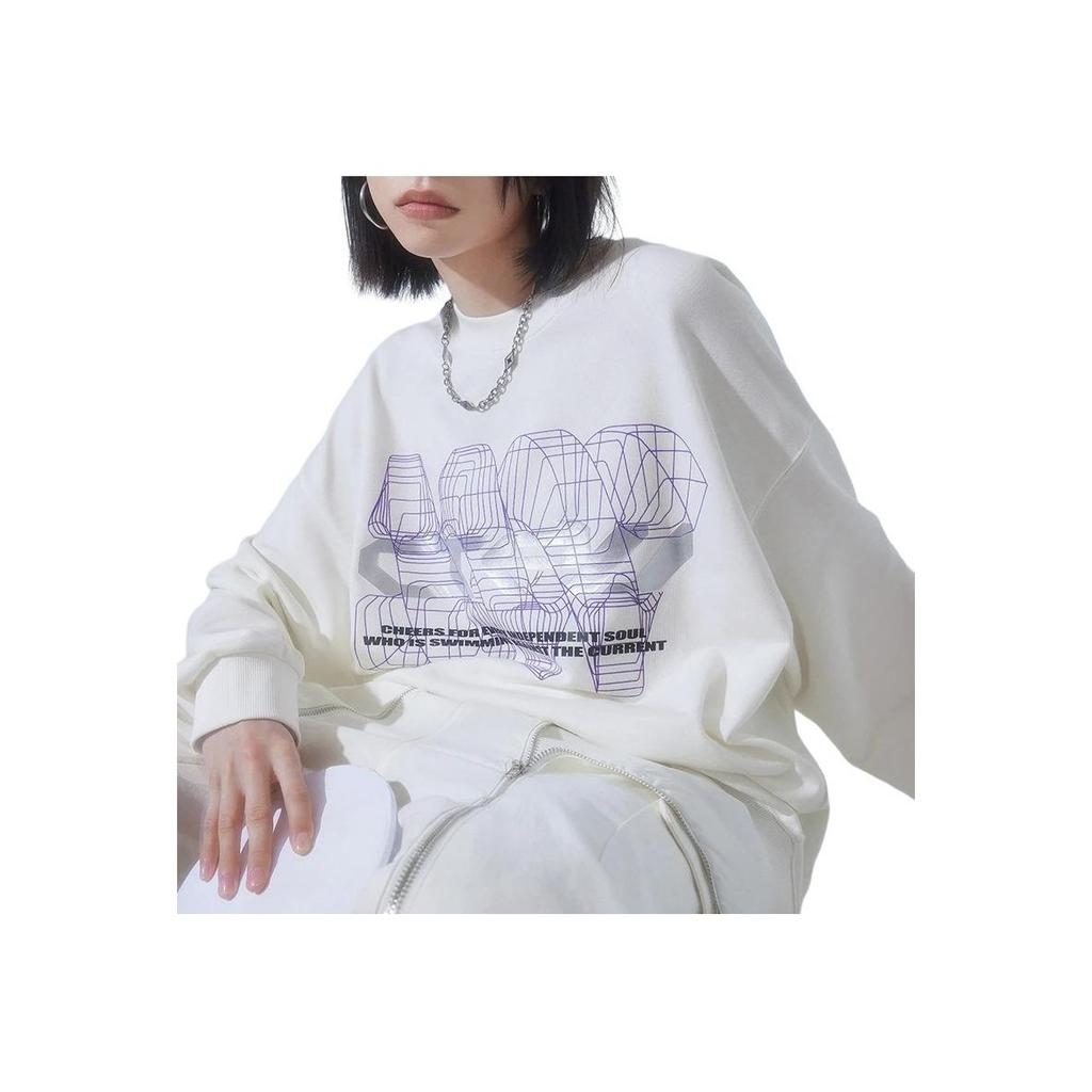 Li-Ning CF Trace Series Reflective Letter Print Crew Neck Sweatshirt Unisex Tops Milk-White AWDT529-2