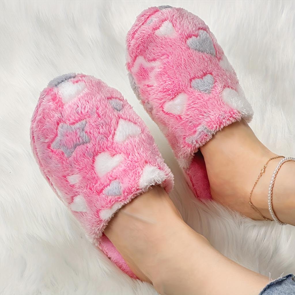 Indoor Non-Slip Fuzzy Slippers, Cute Heart and Star Pattern Slides, Plush Shoes | Plush Fabric Slides for Home Use, Casual Slip-Ons with Fleece Lining