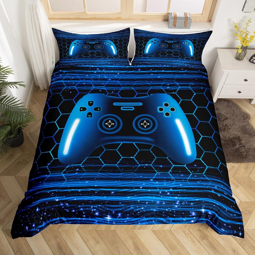 Comforter Gamer Bedding Set Gaming For Kids Teens Men Game Console Bed Set Geometry Stripes Honeycomb Hexagon Comforter