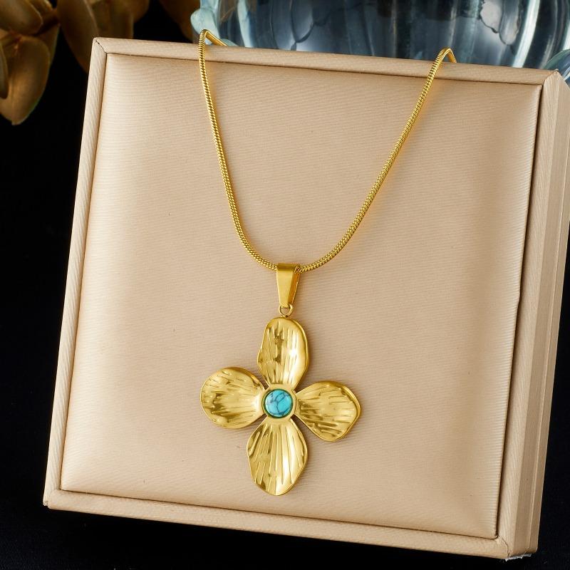Gold Plated Stainless Steel Flower Pendant Necklace with Turquoise Center for Women